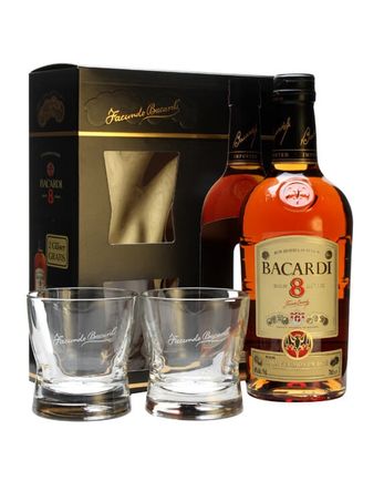 Bacardi 8 år gammal and 2 Glass Pack